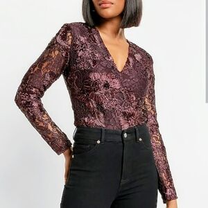 Express Deep V Lace Bodysuit Size Large Color Red Wine